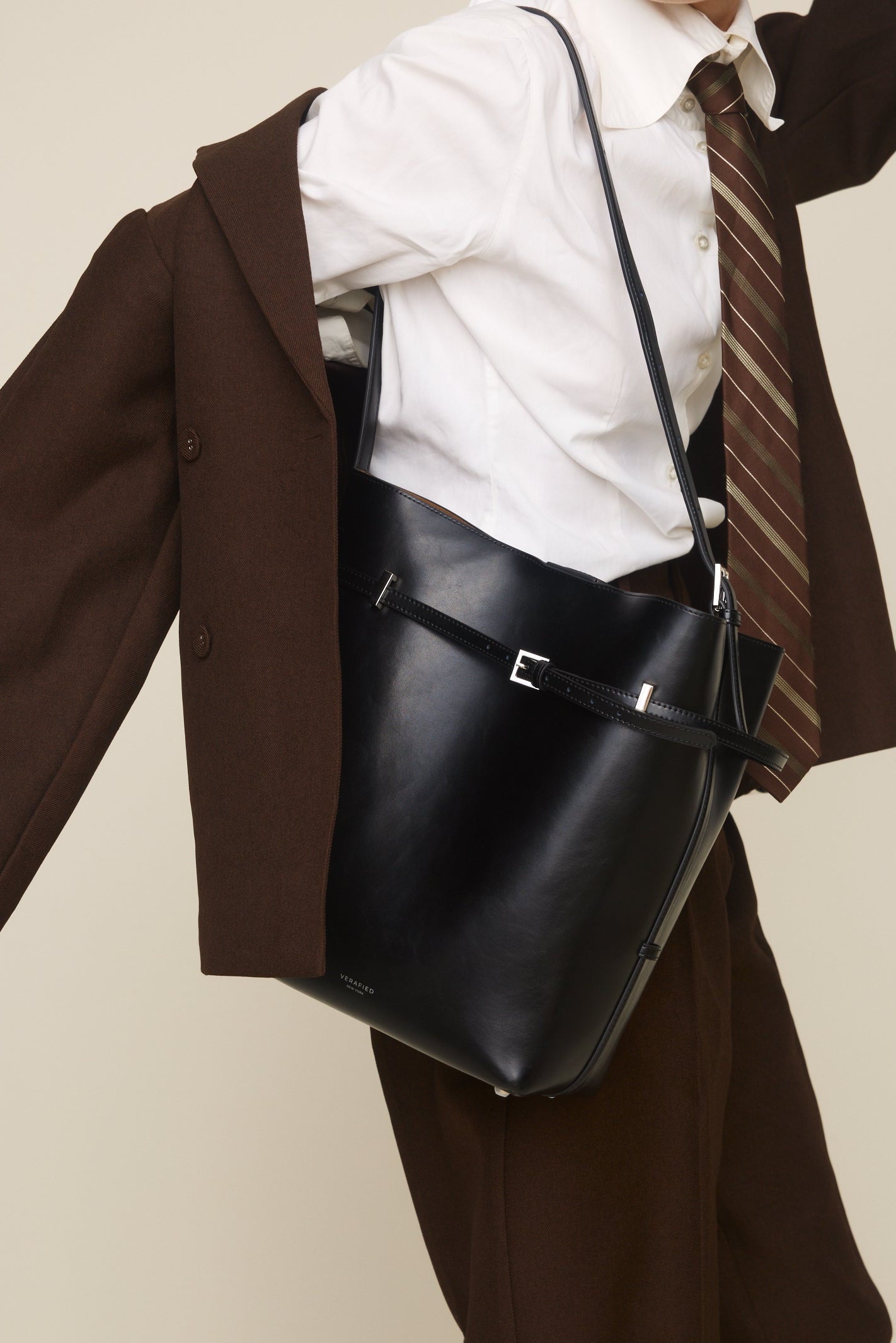 Black Belted Leather Tote Bag