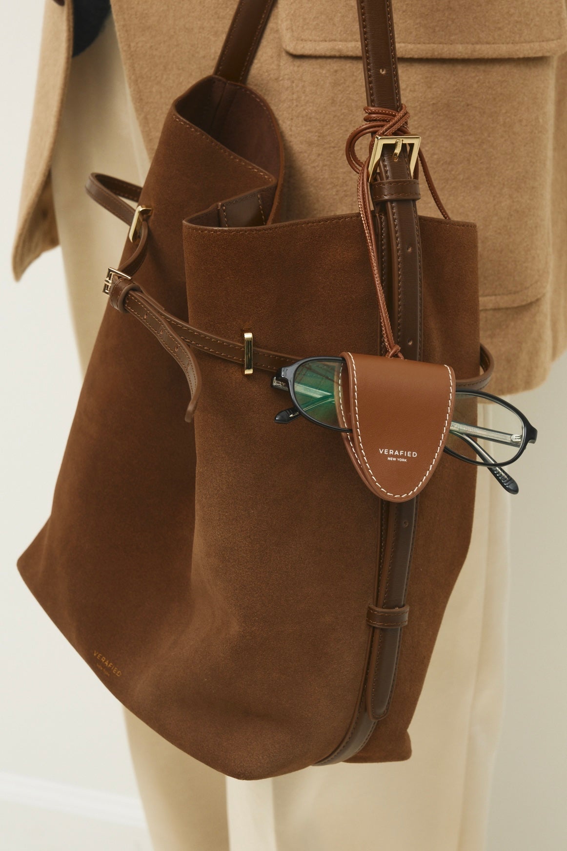 Toffee Suede Belted Tote Bag