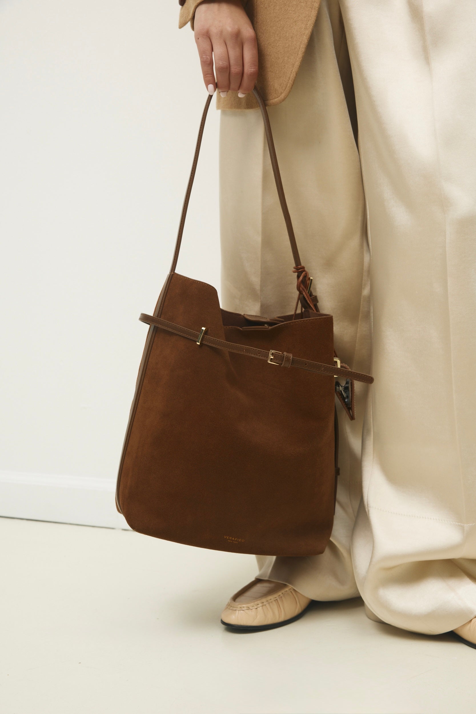 Toffee Suede Belted Tote Bag