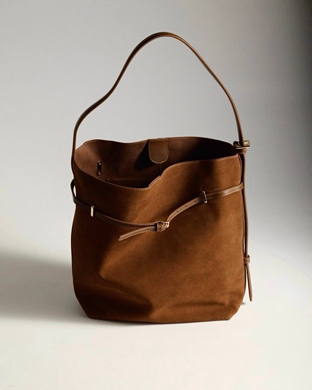 Toffee Suede Belted Tote Bag