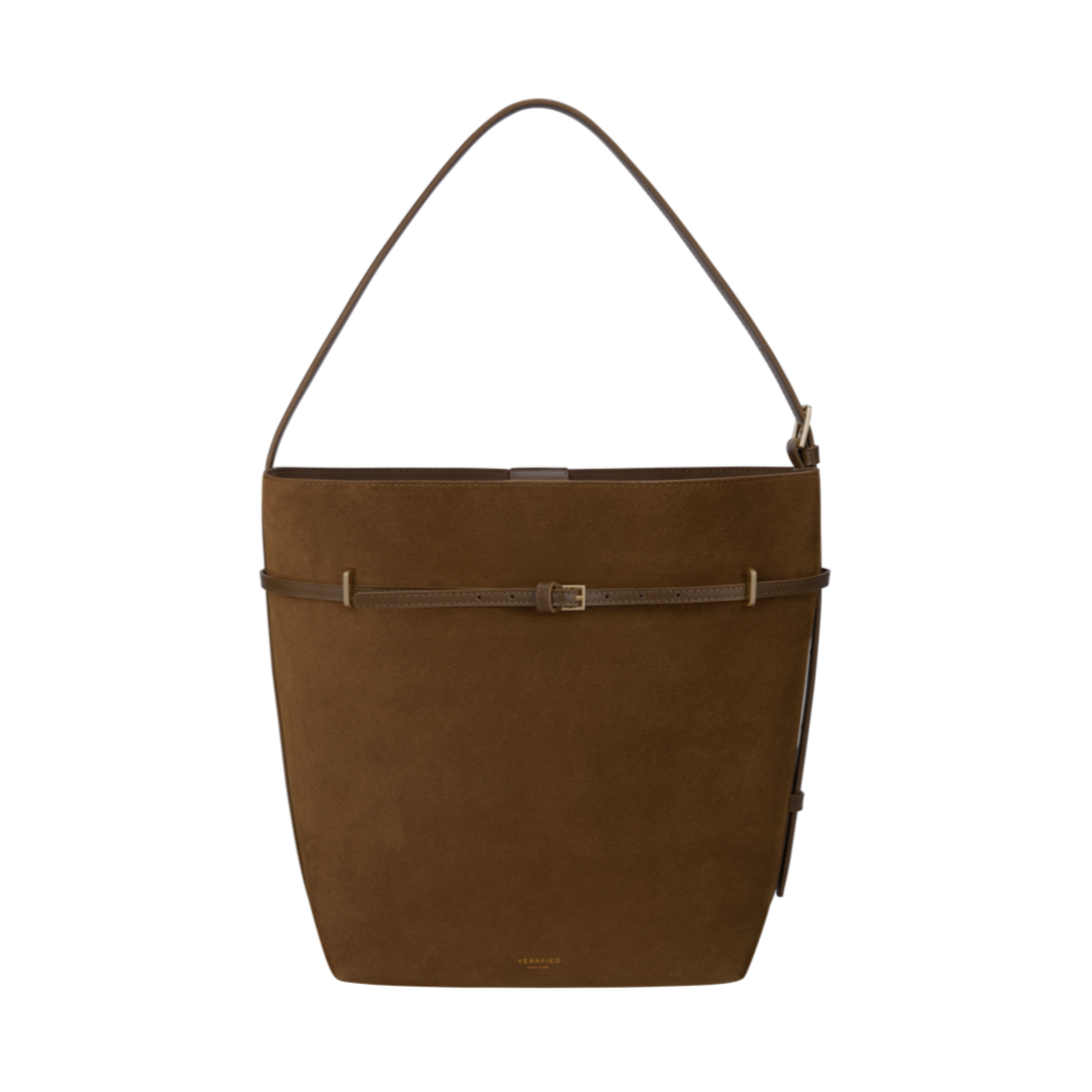 Toffee Suede Belted Tote Shoulder Bag front
