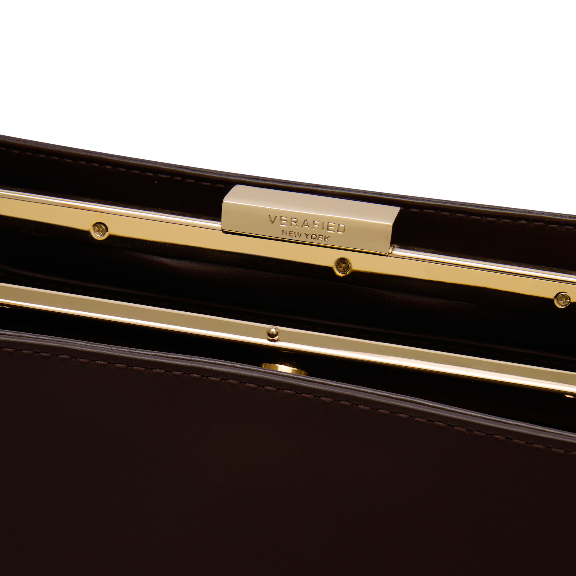 Close-up of a Chocolate Éclair Clutch Shoulder Handbag with gold accents and 'VERAFIED' branding.