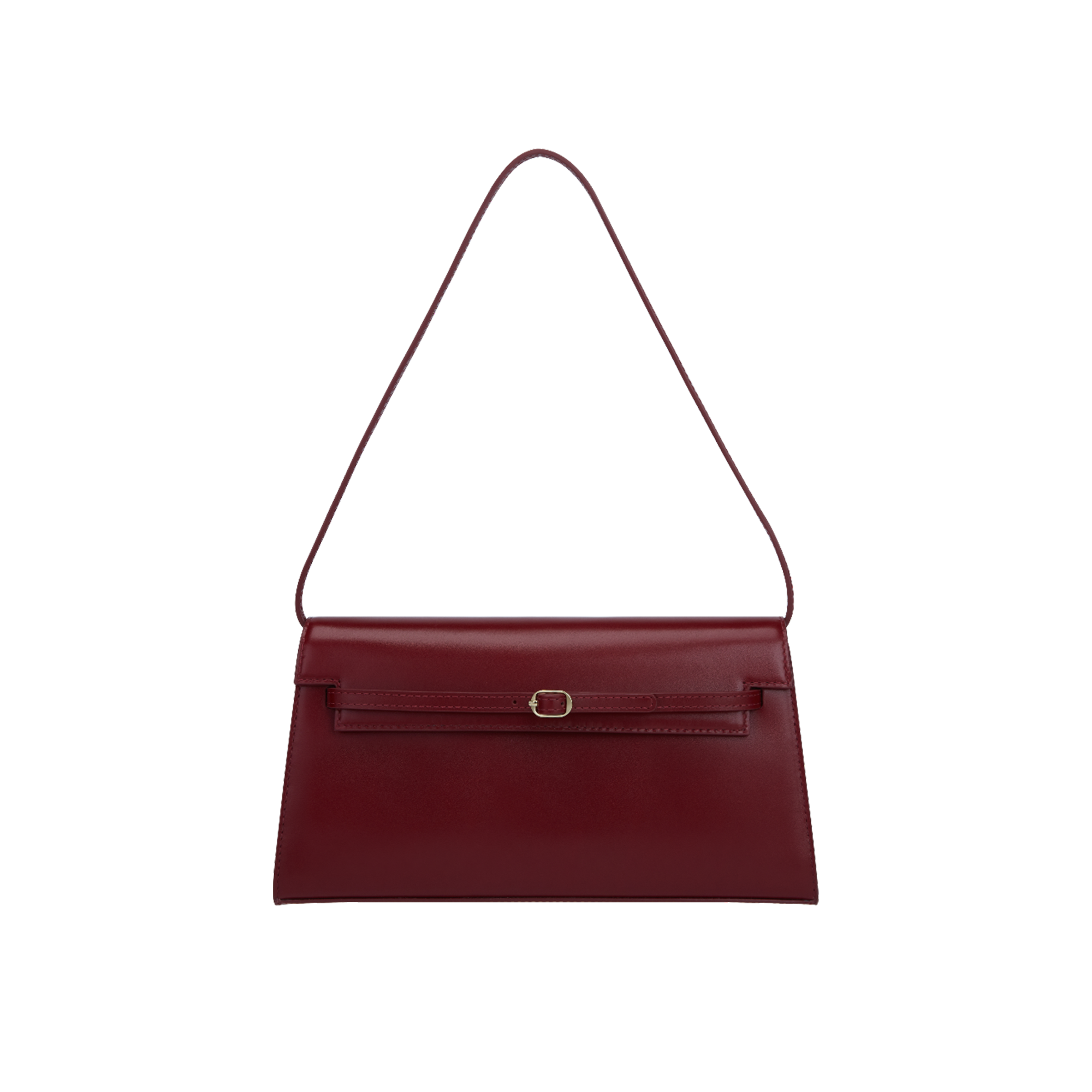 A dark cherry red shoulder handbag with a metallic buckle and a chain shoulder strap.