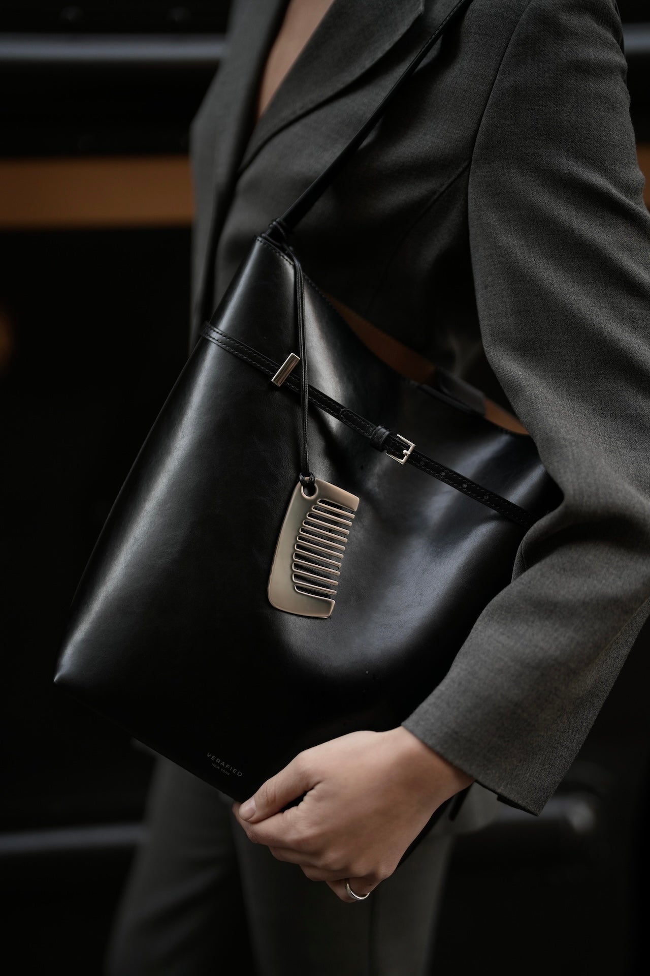 Black Belted Leather Tote Bag
