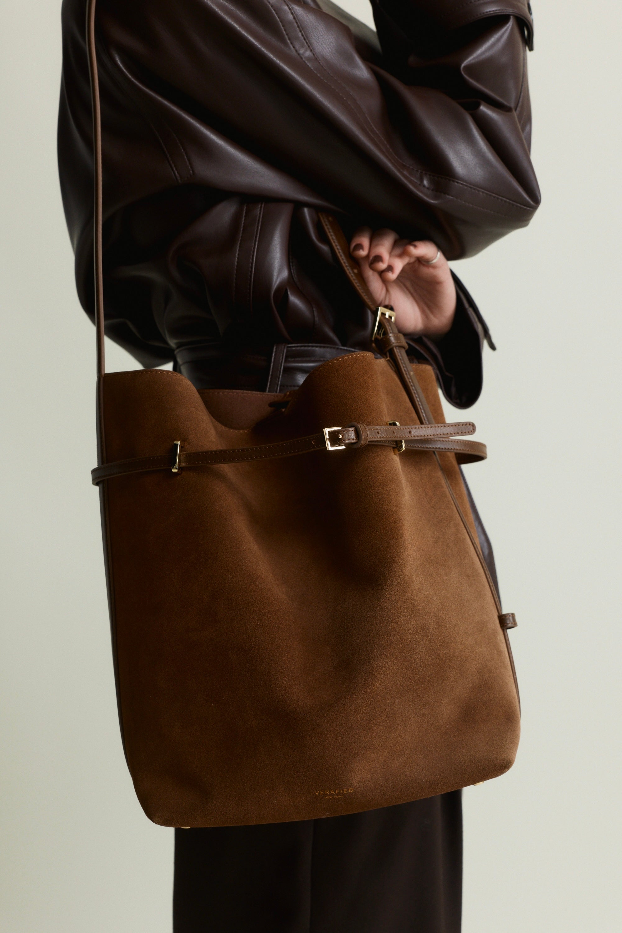 Toffee Suede Belted Tote Bag