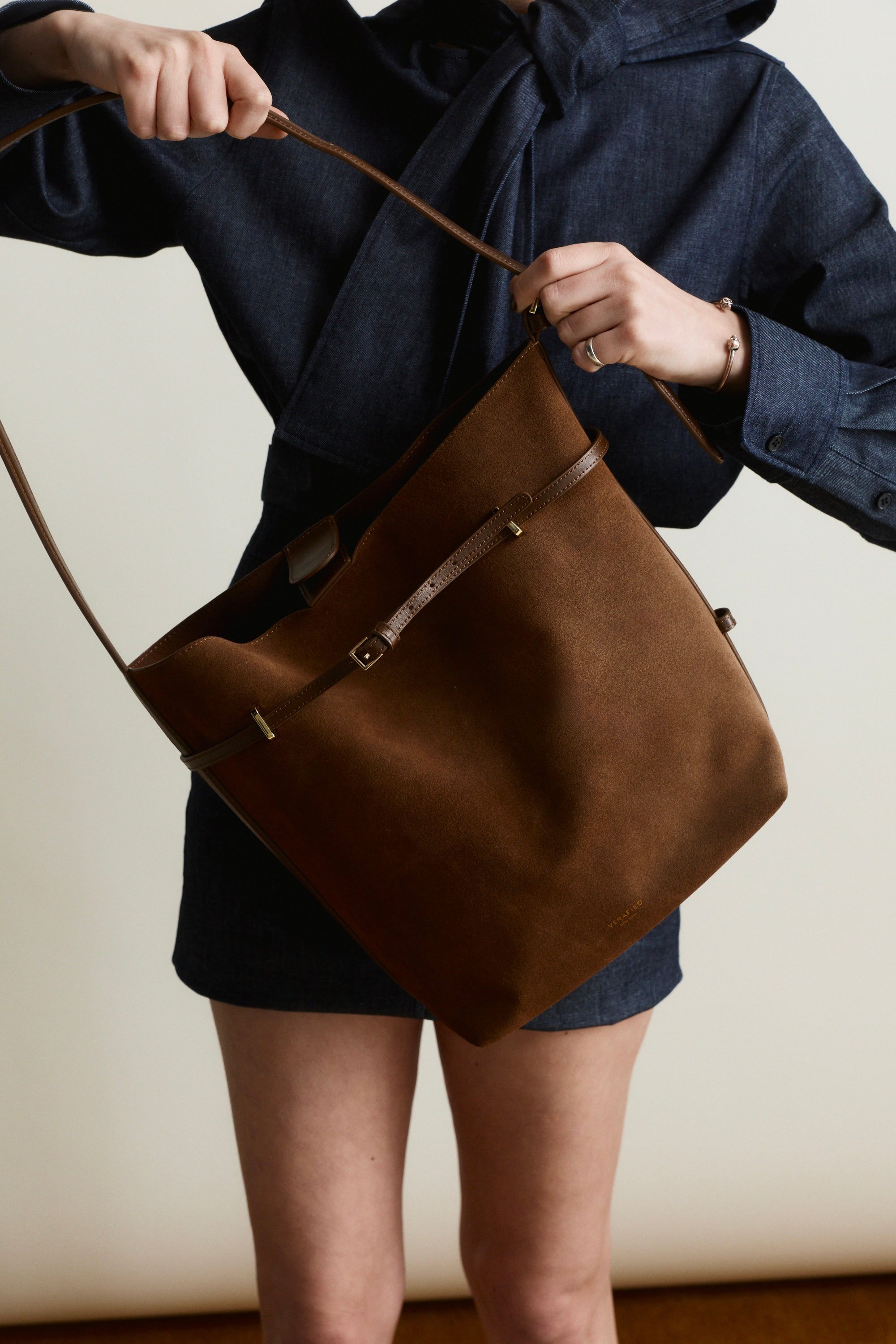 Toffee Suede Belted Tote Bag