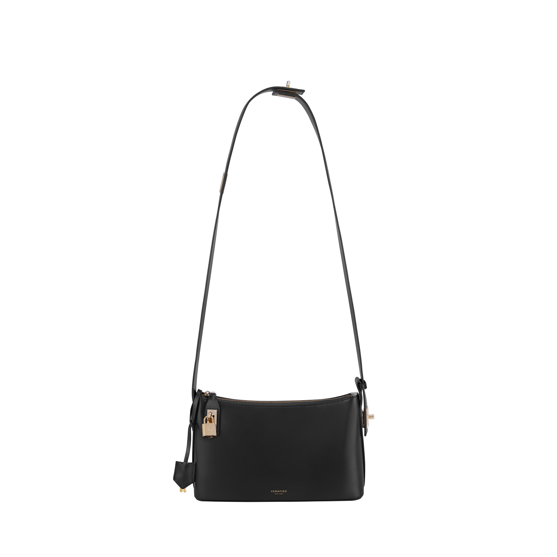 A black leather hobo shoulder bag with a gold chain strap and a semi-structured silhouette.