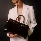Espresso Suede Book Tote Bag 33 for Work with a model