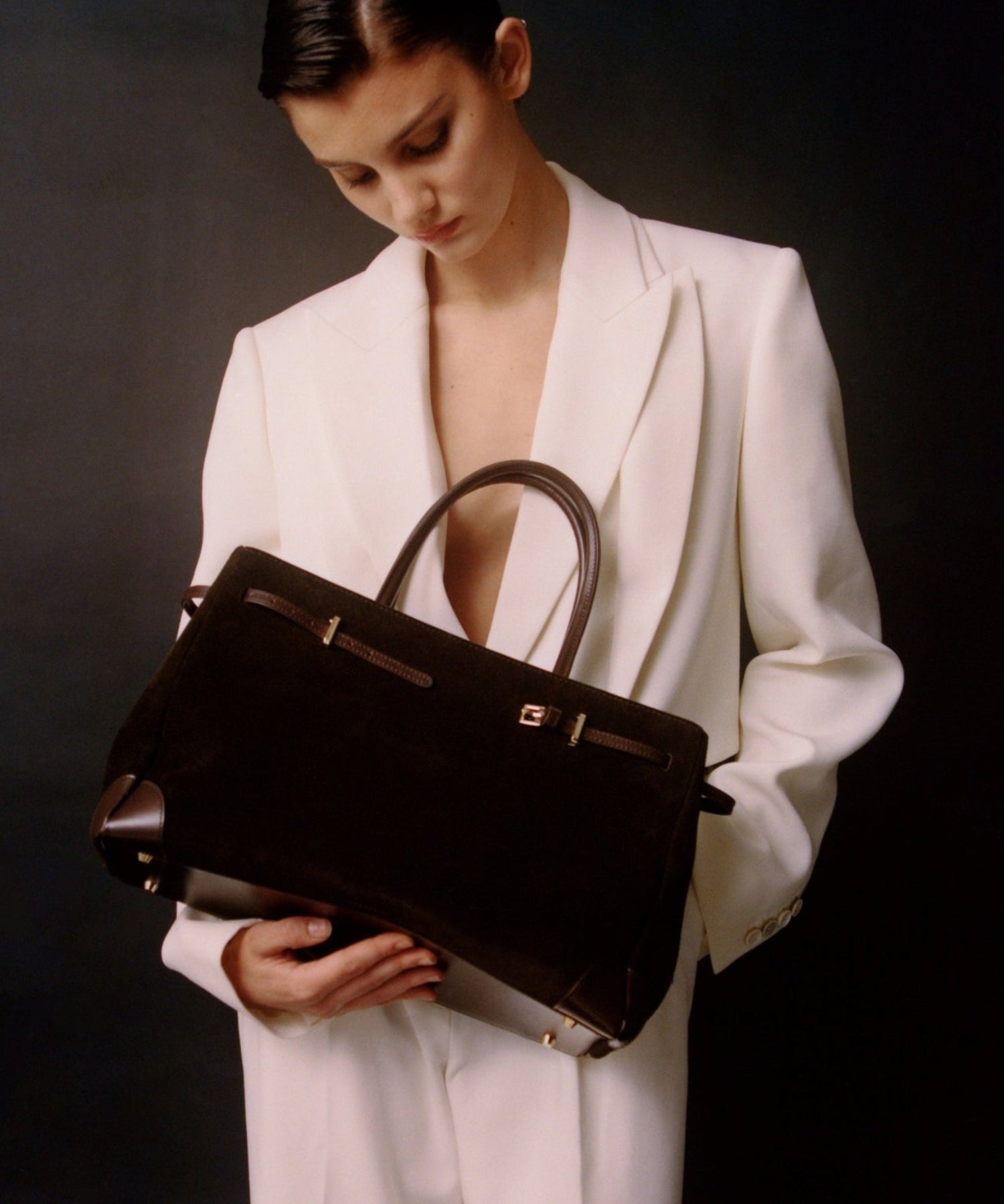 Espresso Suede Book Tote Bag 33 for Work with a model