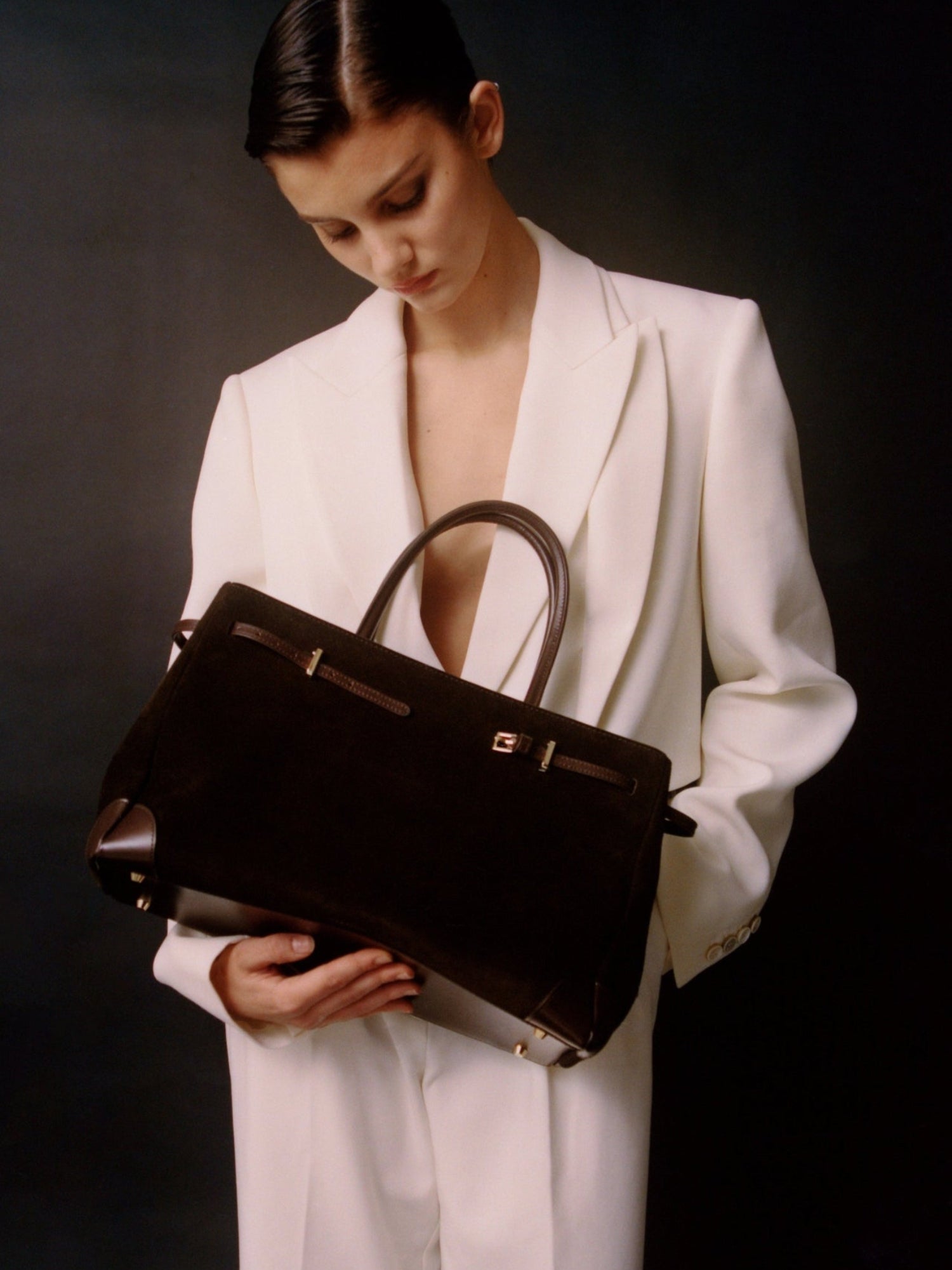 Espresso Suede Book Tote Bag 33 for Work with a model