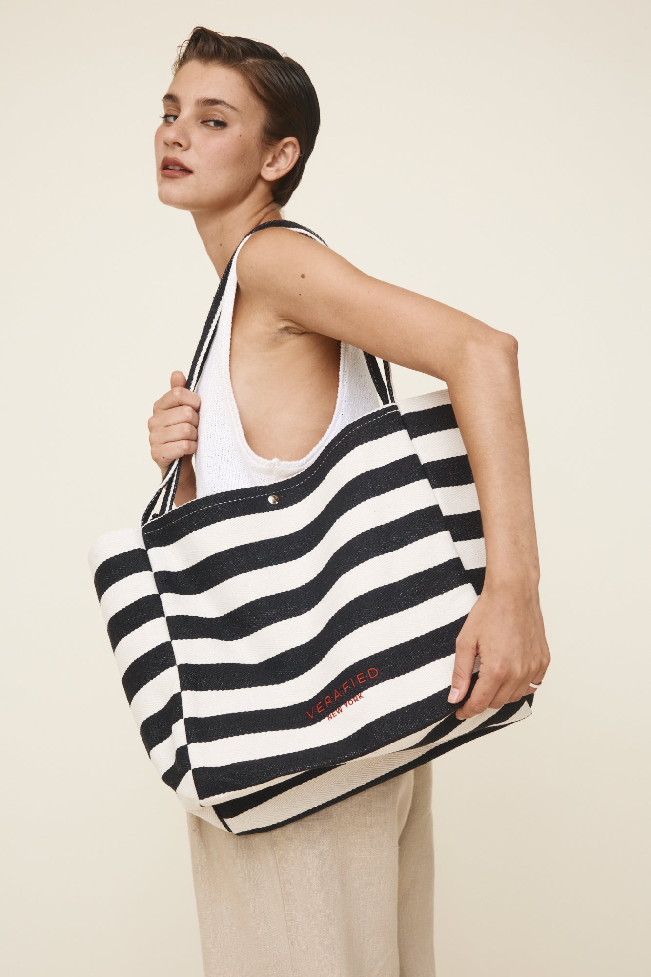 Large Stripe Tote Shoulder Bag witha  a model