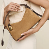 Gold Suede Hobo Shoulder Handbag with a model