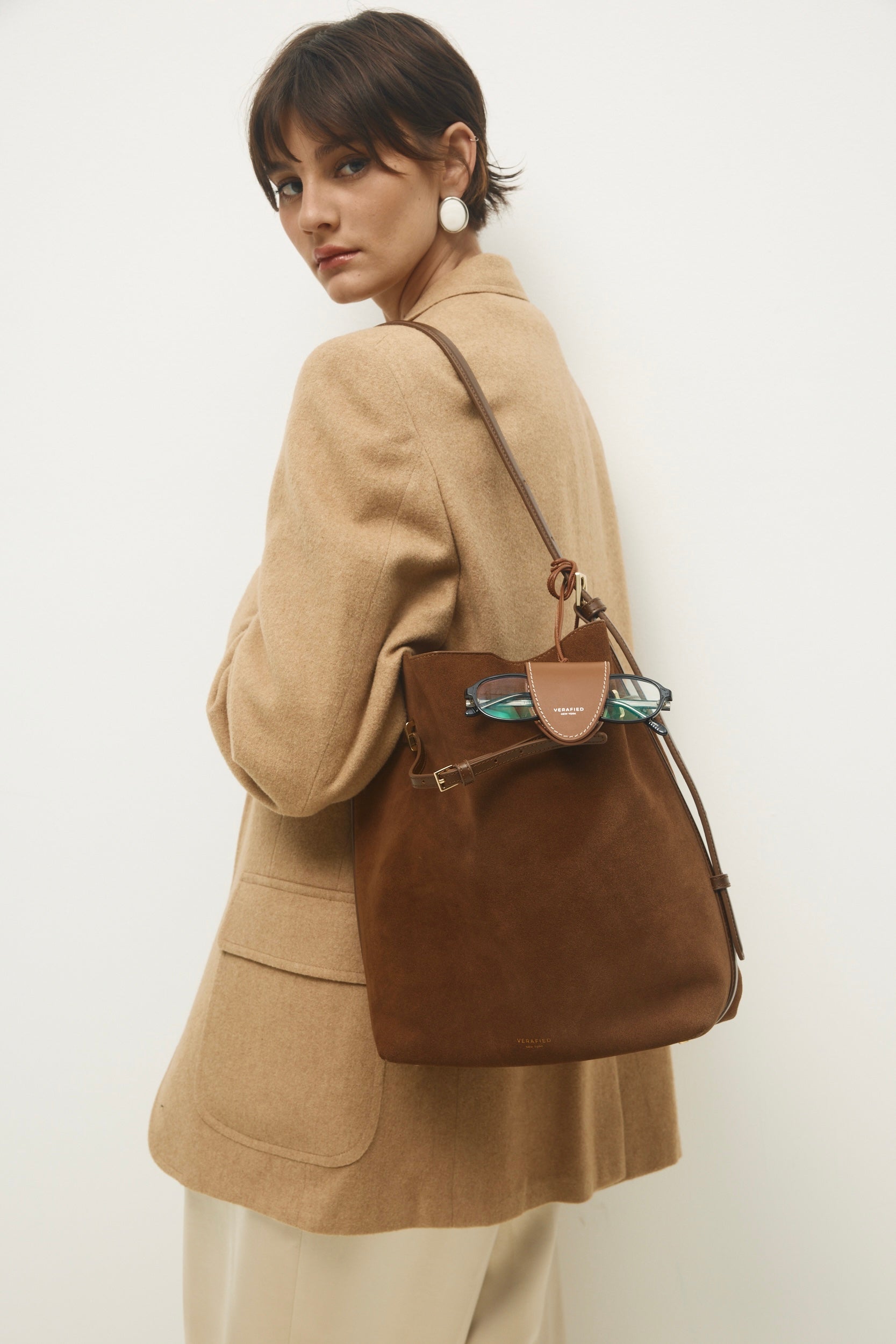 Toffee Suede Belted Tote Shoulder Bag - Verafied New York