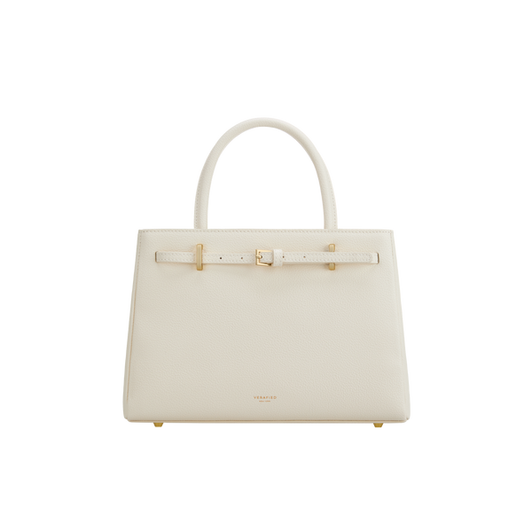 Ivory Leather Book Tote Handbag - Verafied New York