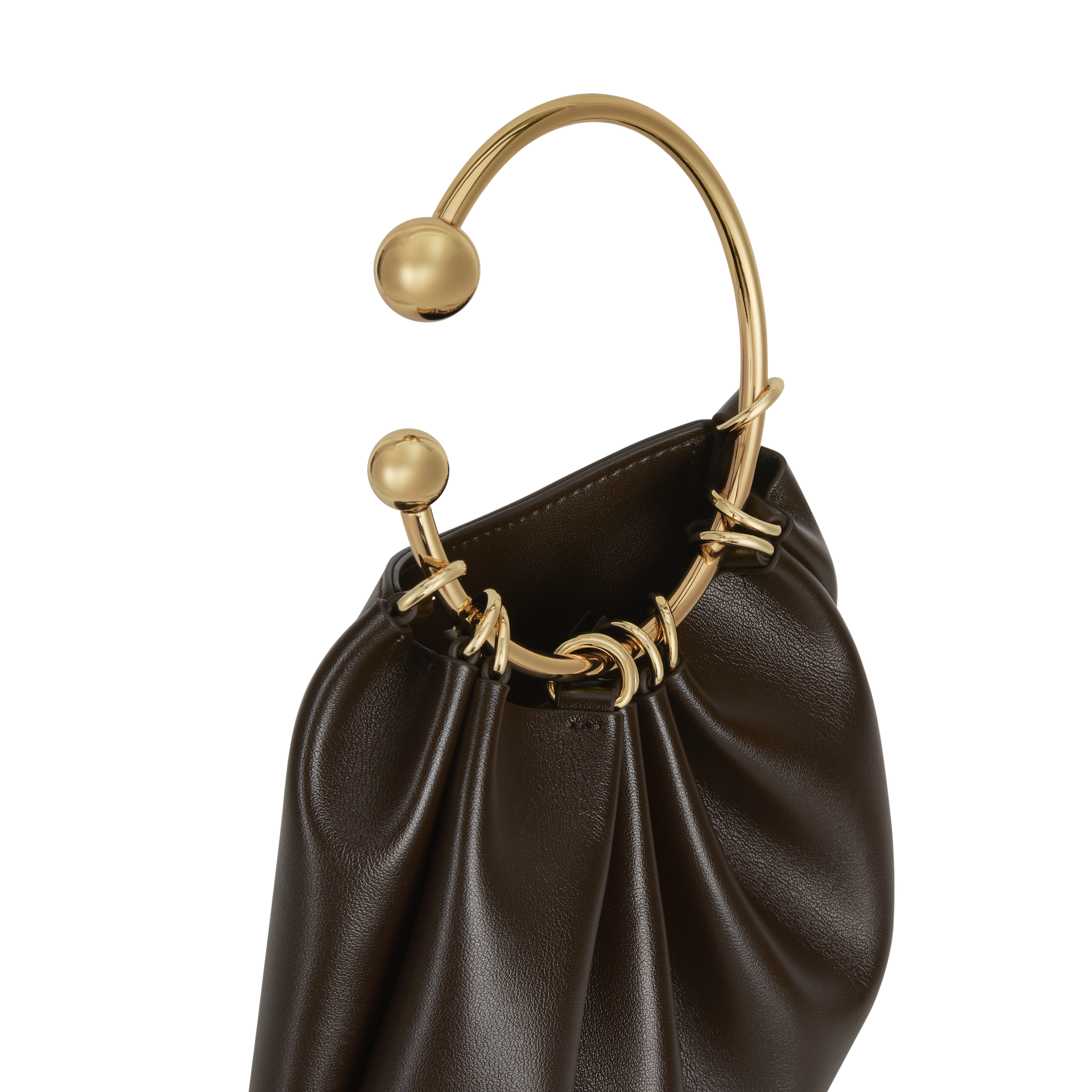 Chocolate Circle Ring Mini Handle Bag with gold handle on a white background