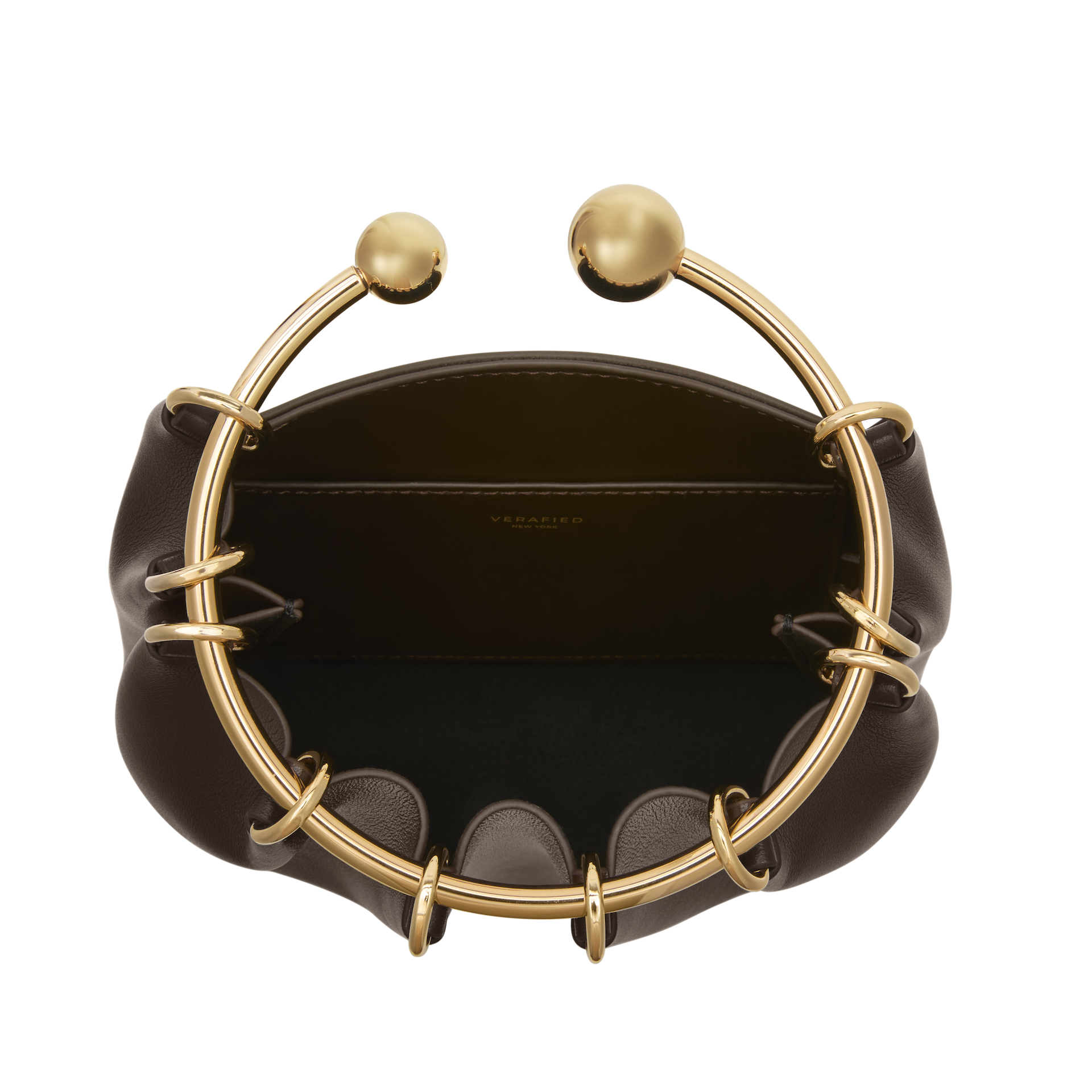 Chocolate Circle Ring Mini Handle Bag with gold circular handle on a white background