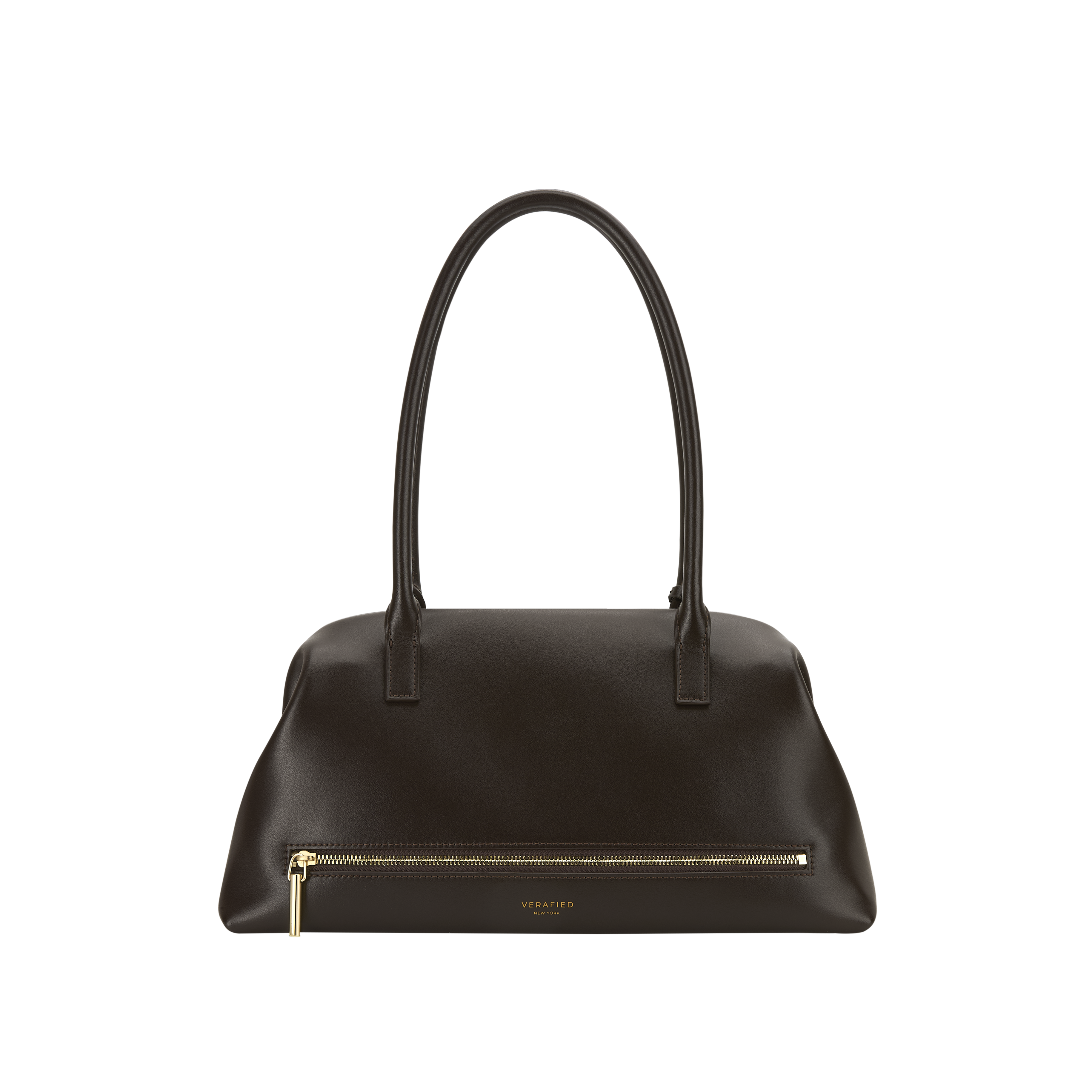 Chocolate Medium Club Shoulder Handbag with gold zipper on a white background