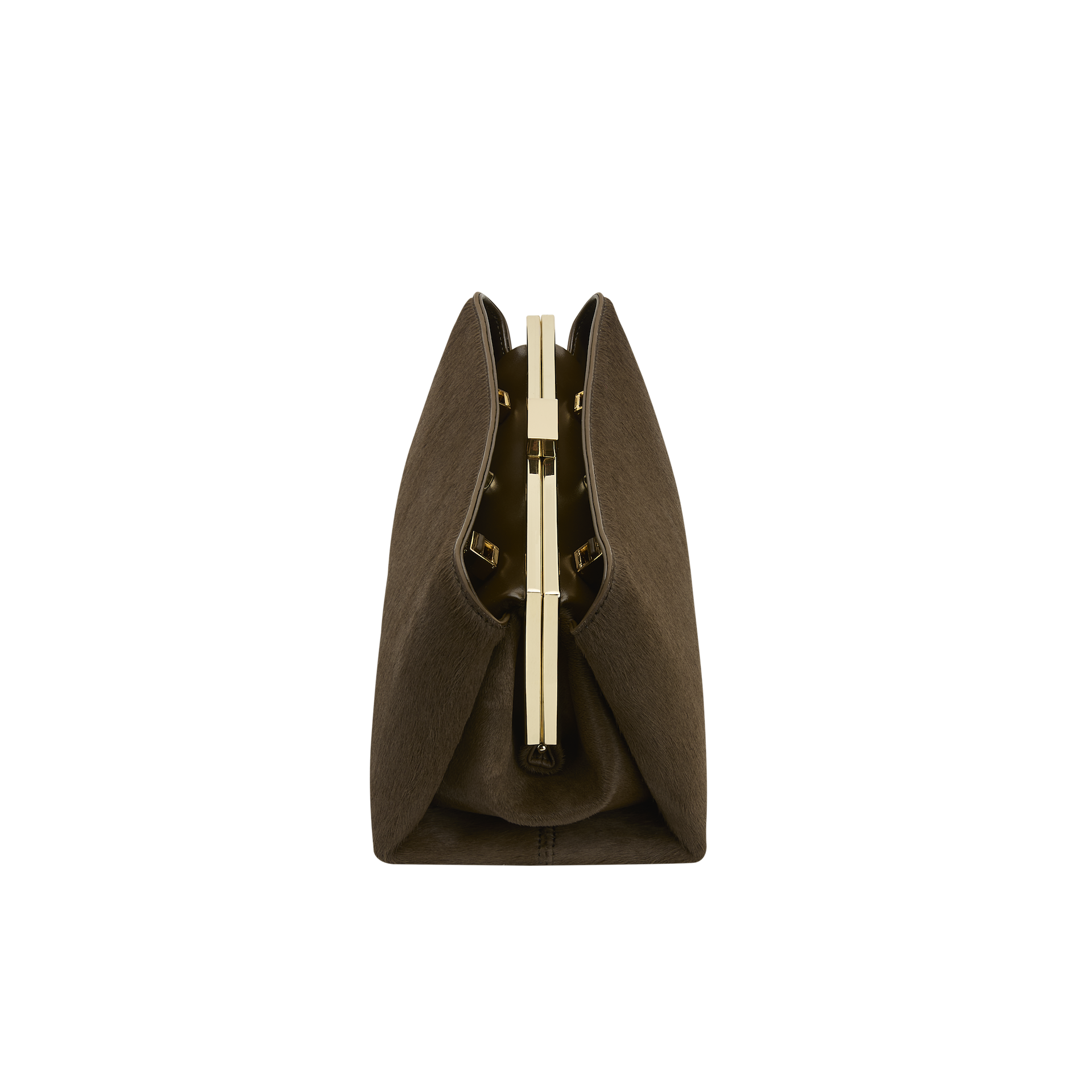 Olive Calf Hair Clutch Shoulder Handbag with gold clasp on a white background