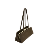 Olive Calf Hair Clutch Shoulder Handbag with gold clasp on a white background