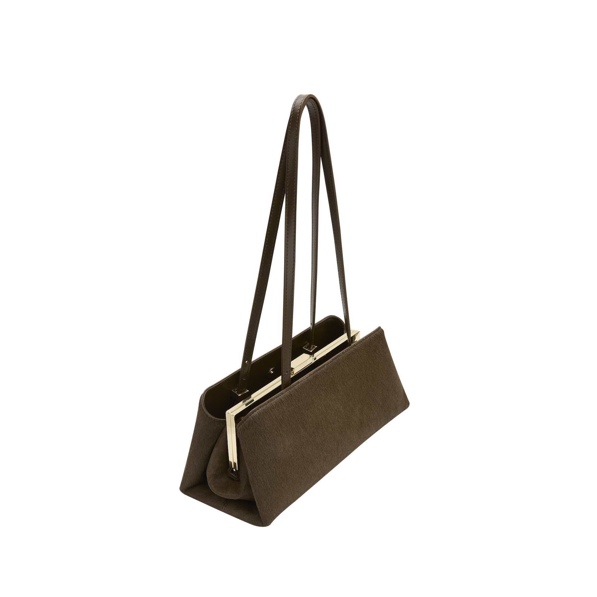 Olive Calf Hair Clutch Shoulder Handbag with gold clasp on a white background