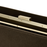 Close-up of a Olive Calf Hair Clutch Shoulder Handbag with gold accents and Verafied New York logo.