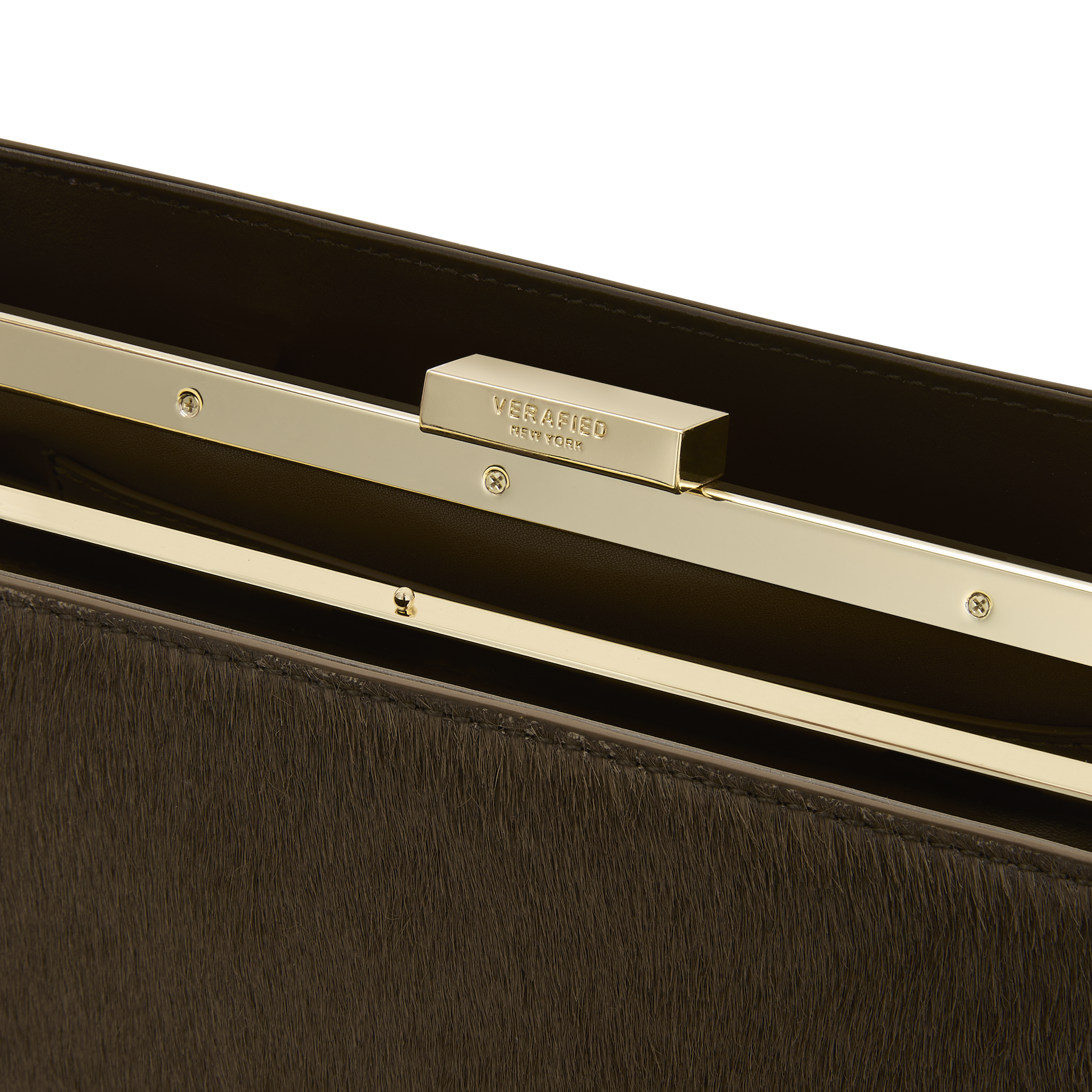 Close-up of a Olive Calf Hair Clutch Shoulder Handbag with gold accents and Verafied New York logo.