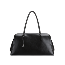 Black leather handbag on a white background