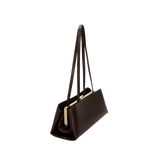 Chocolate Éclair Clutch Shoulder Handbag with gold accents on a white background