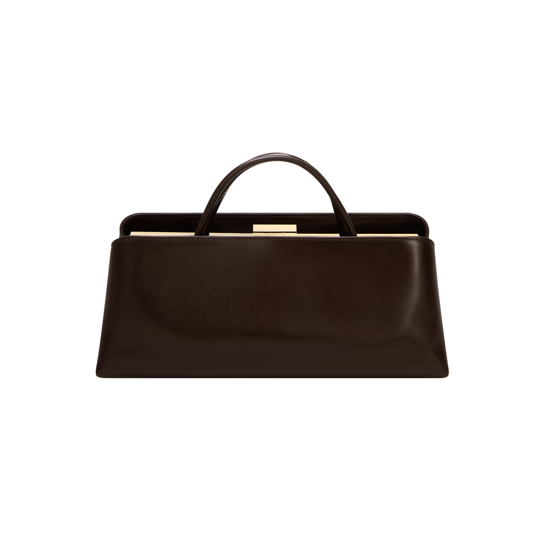 Chocolate Éclair Clutch Shoulder Handbag with a gold clasp on a white background