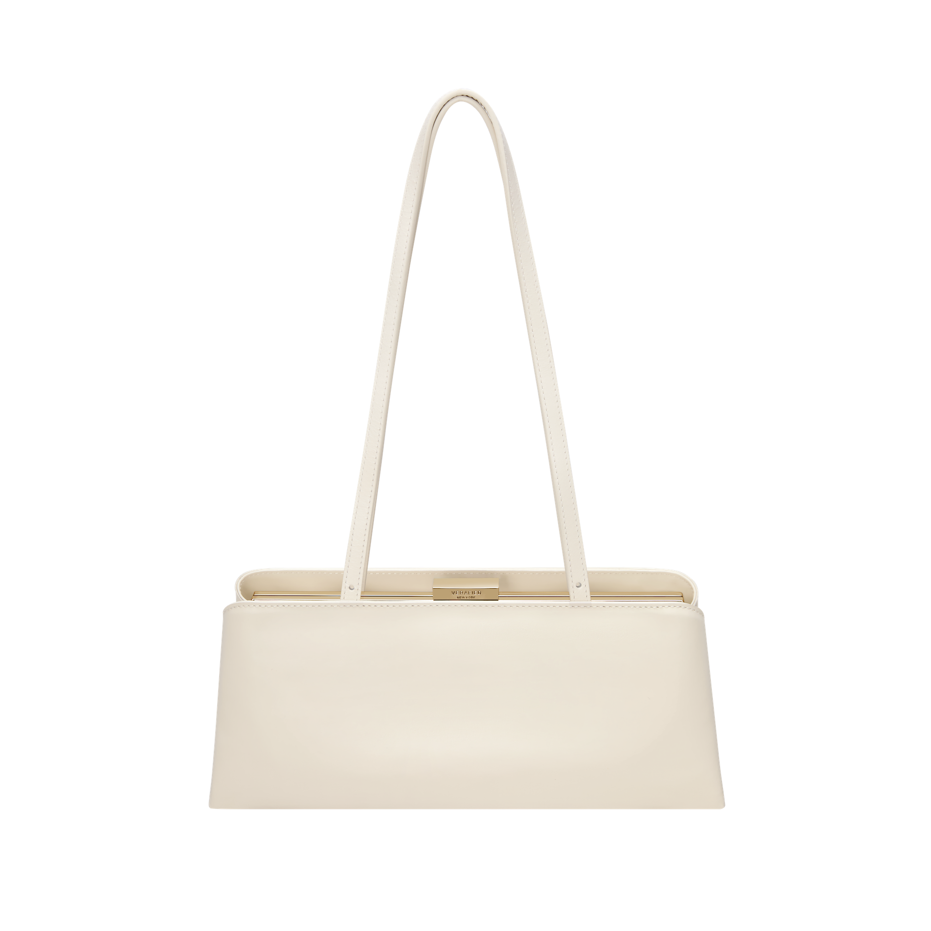Gold Ivory Éclair Bag: White Clutch Handbag with a long handle on a white background