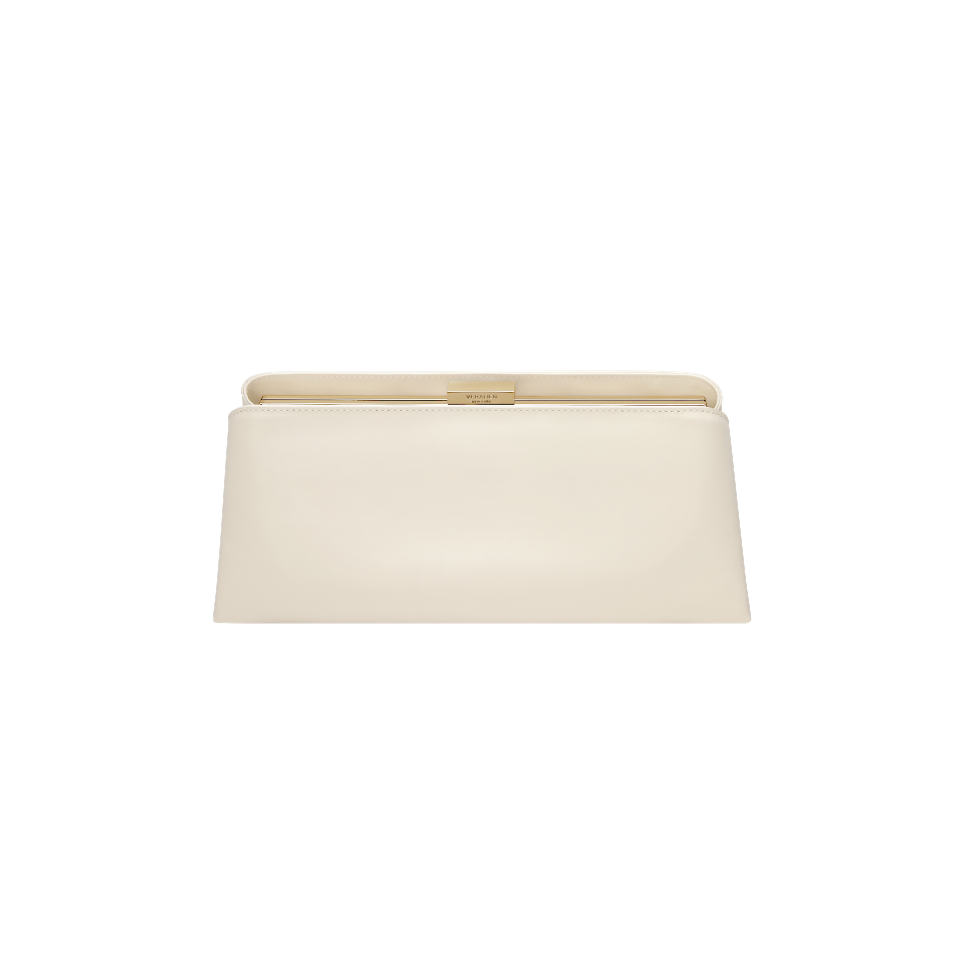 Gold Ivory Éclair Bag: White Clutch Handbag with a gold clasp on a white background