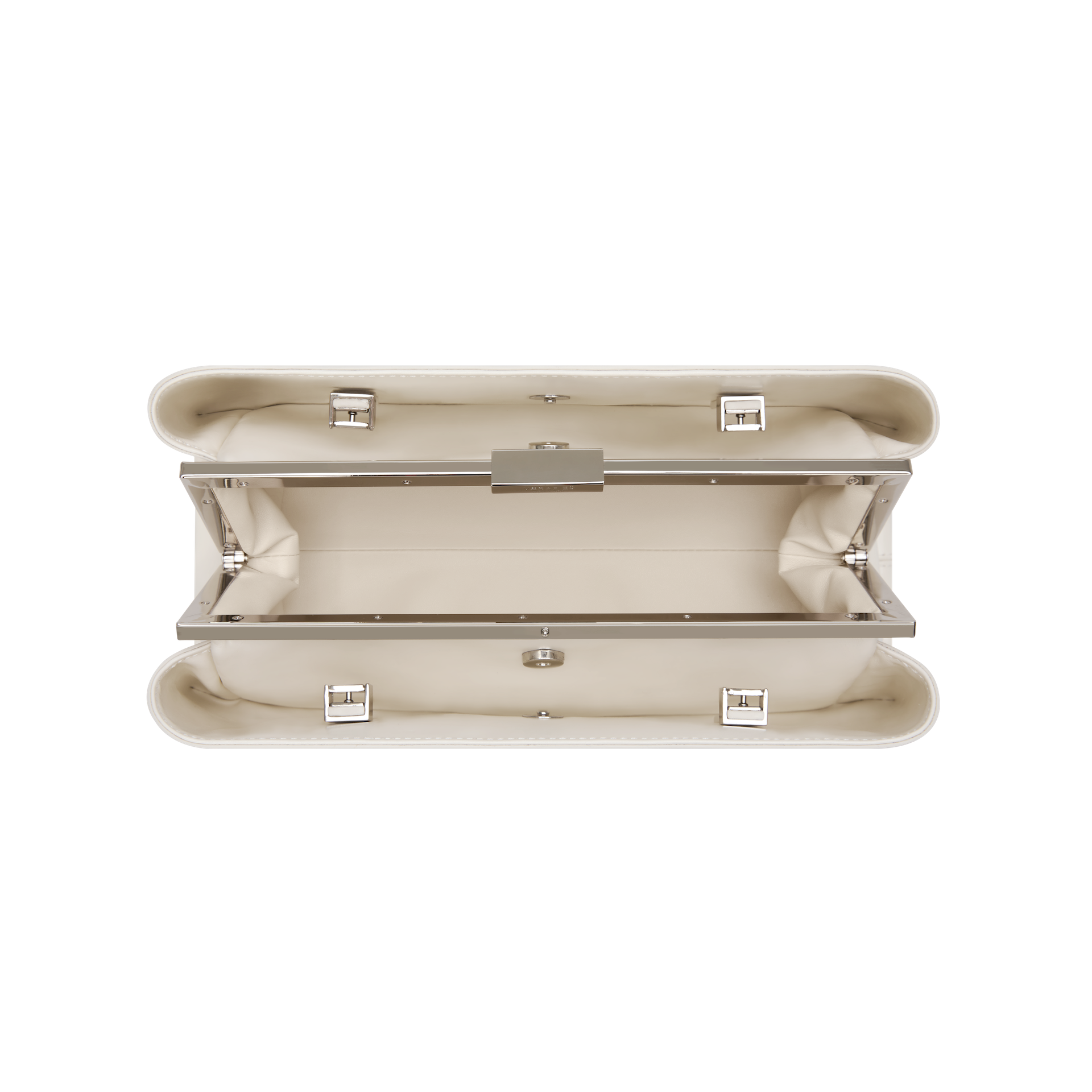 Silver Ivory Éclair Bag: White Clutch Handbag with silver accents on a white background