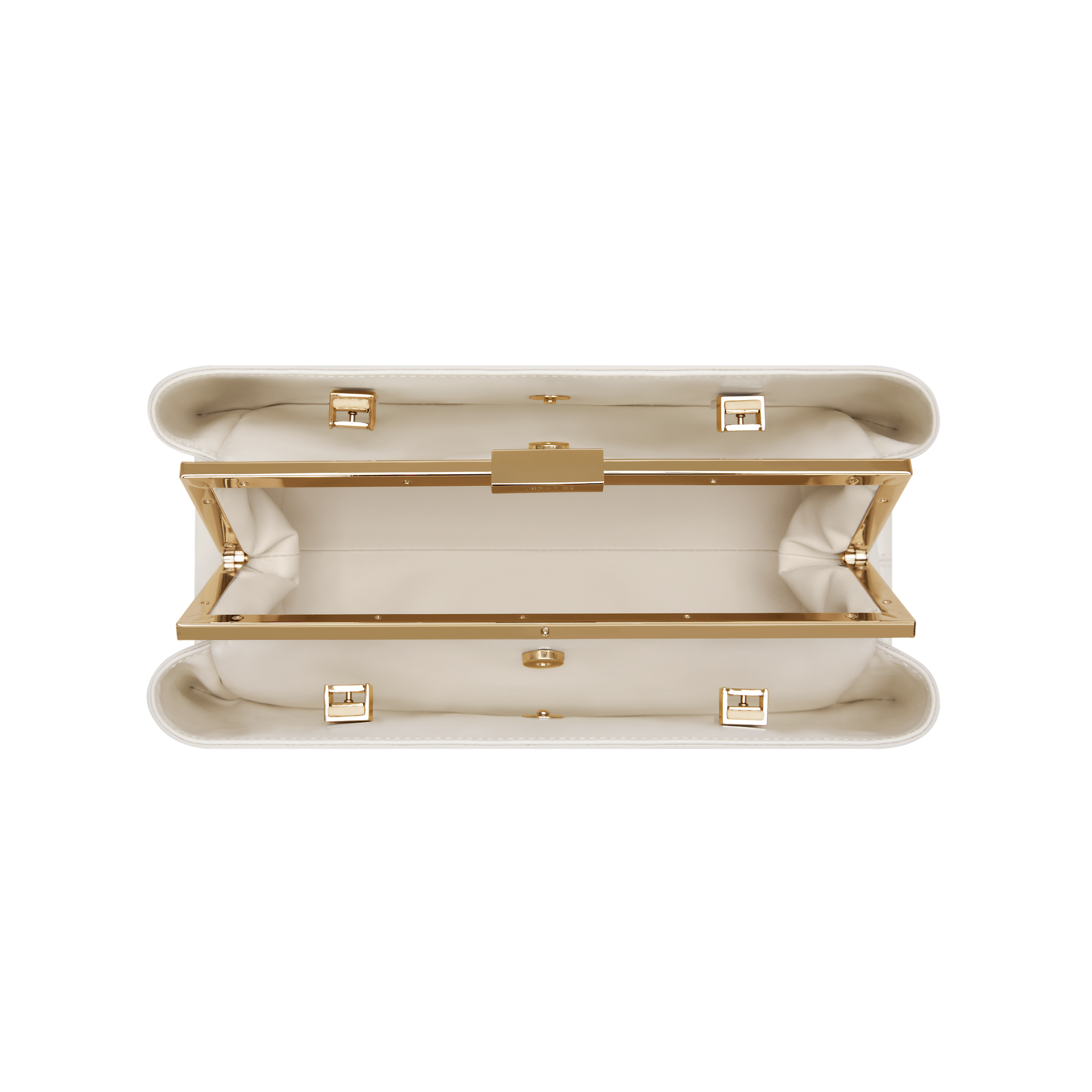 Gold Ivory Éclair Bag: White Clutch Handbag with gold accents on a white background