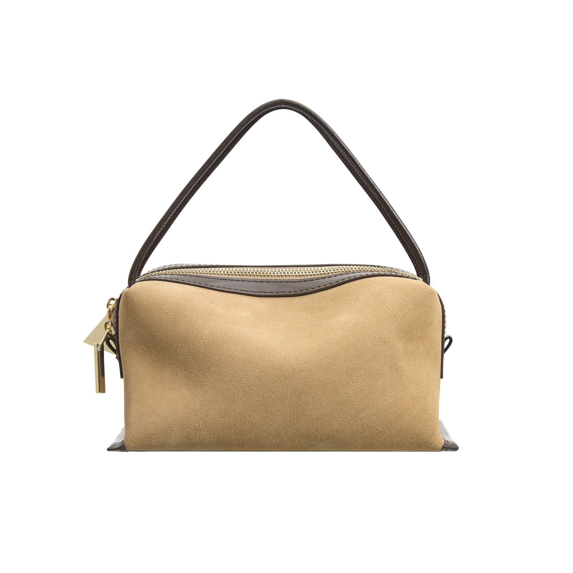 Verafied New York Gold Suede Café Mini Handbag with a black strap on a white background