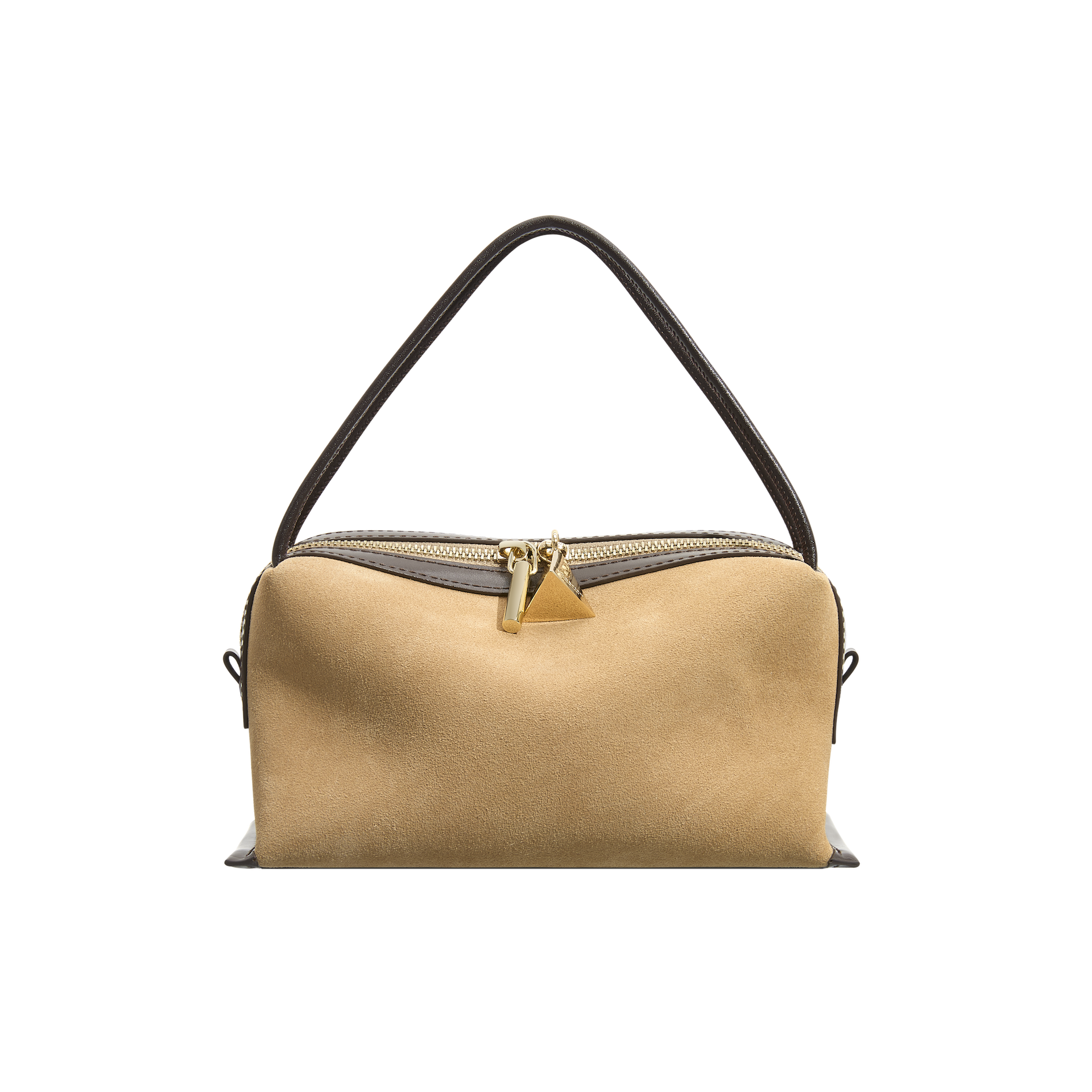 Verafied New York Gold Suede Café Mini Handbag with a gold zipper on a white background