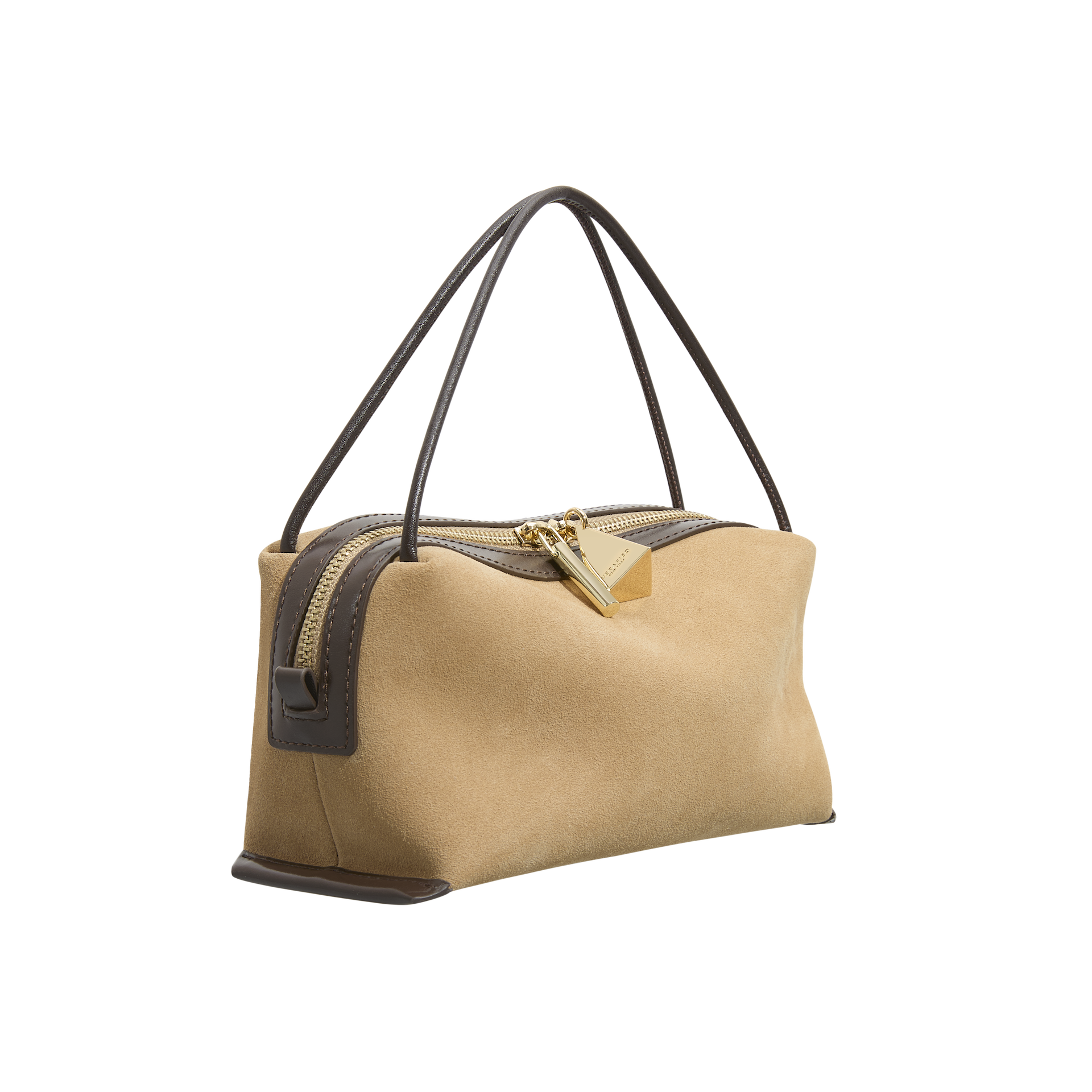 Verafied New York Gold Suede Café Mini Handbag with black accents on a white background