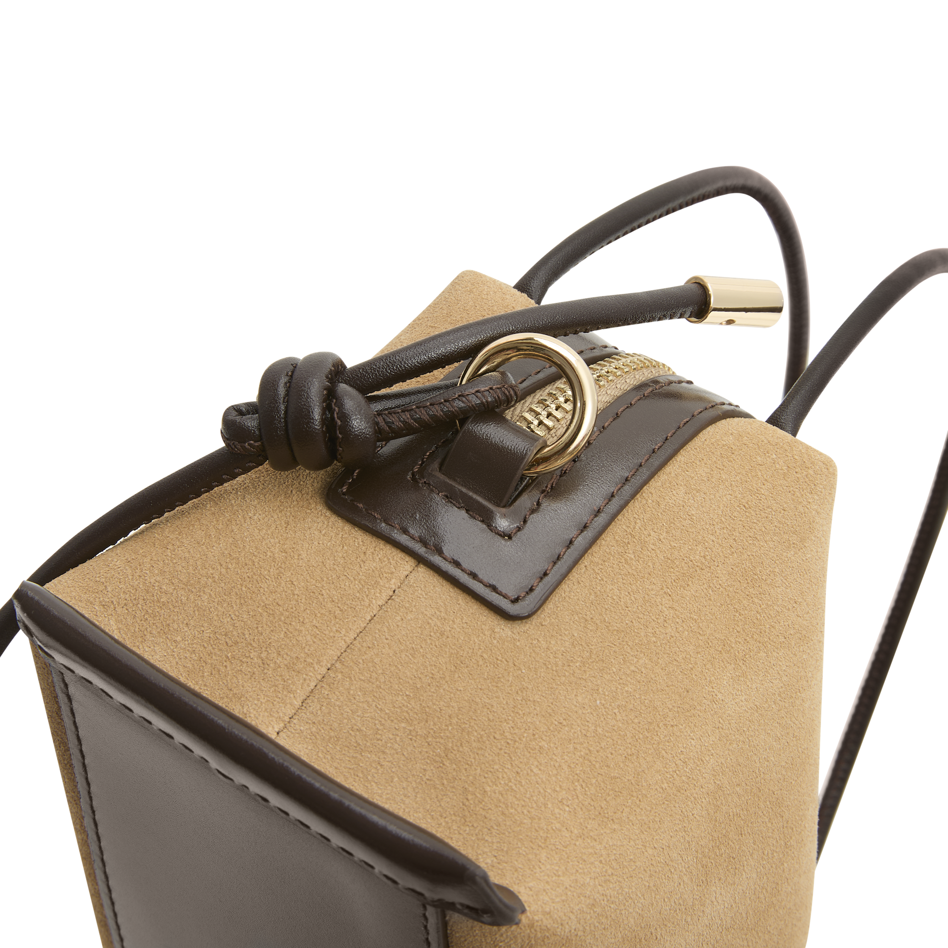 Close-up of a Verafied New York Gold Suede Café Mini Handbag with a brown handle and gold clasp on a white background