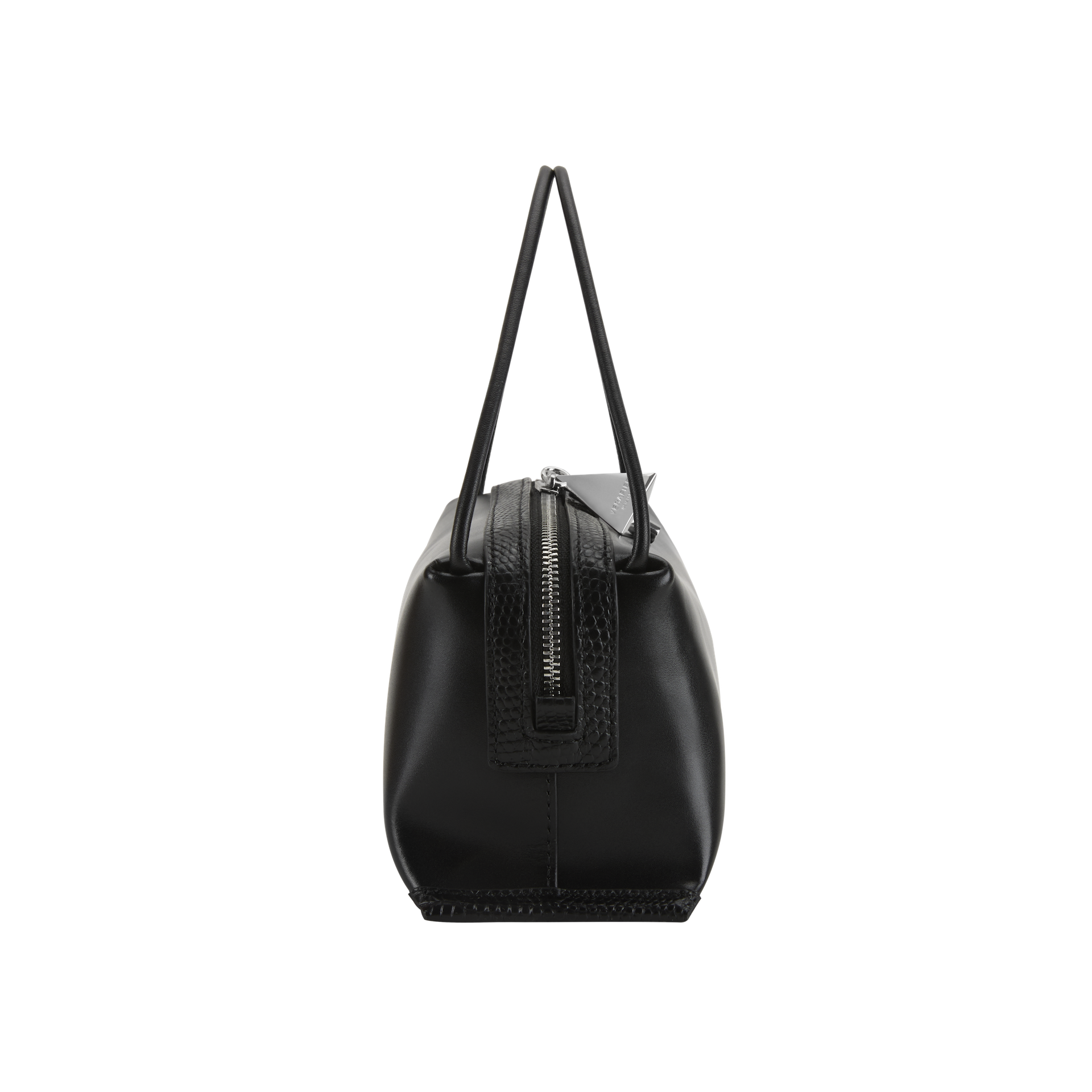 Verafied New York Black Lizard Café Mini Handbag with a zipper on a white background