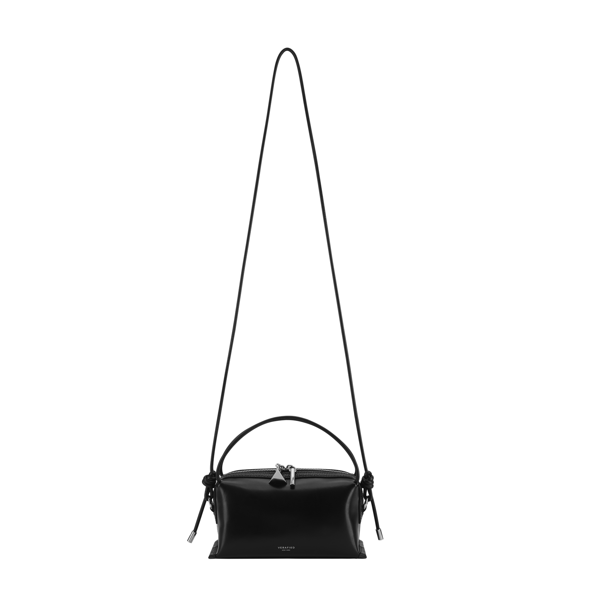 Verafied New York Black Lizard Café Mini Handbag with a long strap on a white background