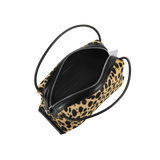 Leopard print Verafied New York Cheetah Calf Hair Café Mini Handbag with black accents on a white background