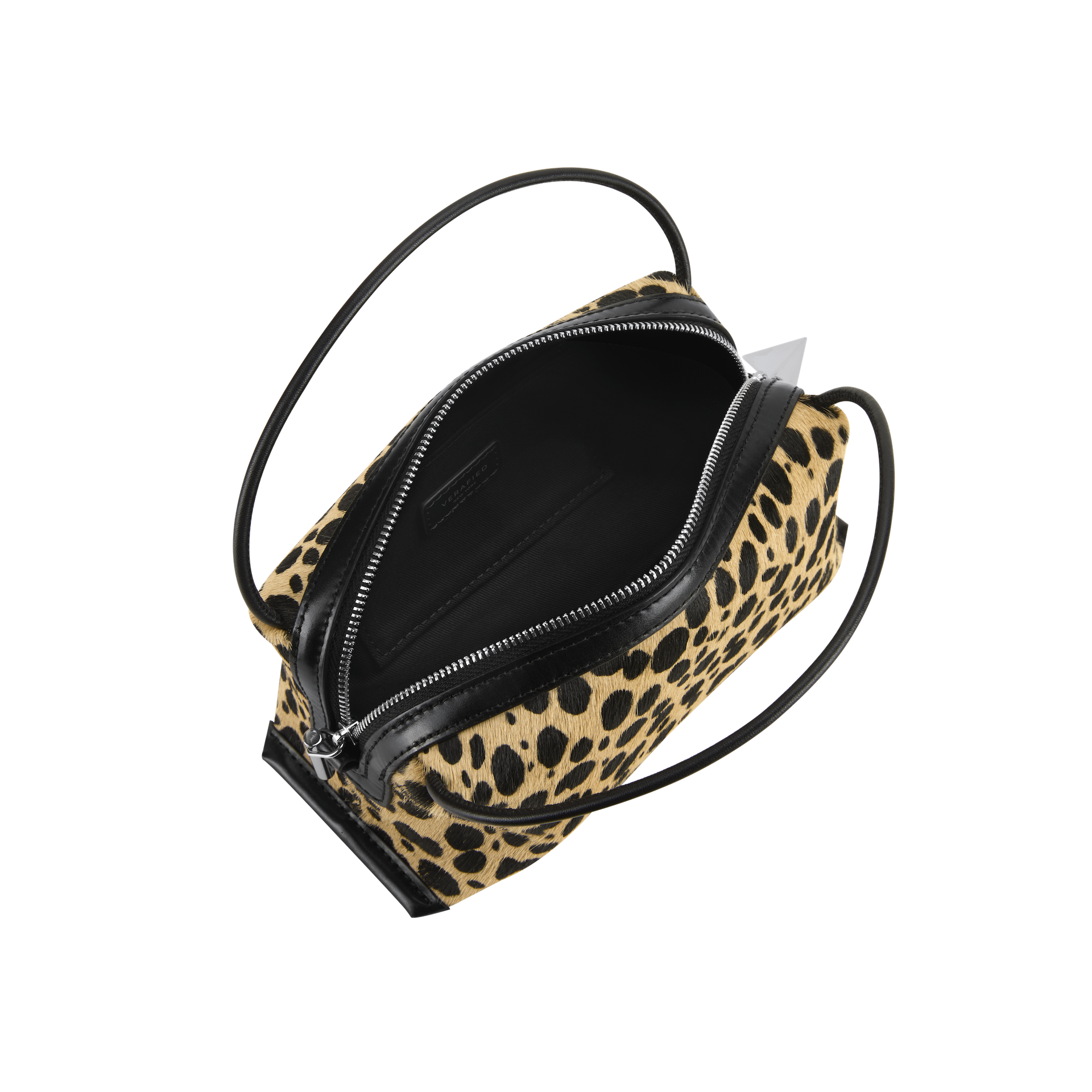 Leopard print Verafied New York Cheetah Calf Hair Café Mini Handbag with black accents on a white background