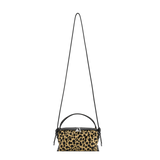 Leopard print Verafied New York Cheetah Calf Hair Café Mini Handbag with a black strap on a white background
