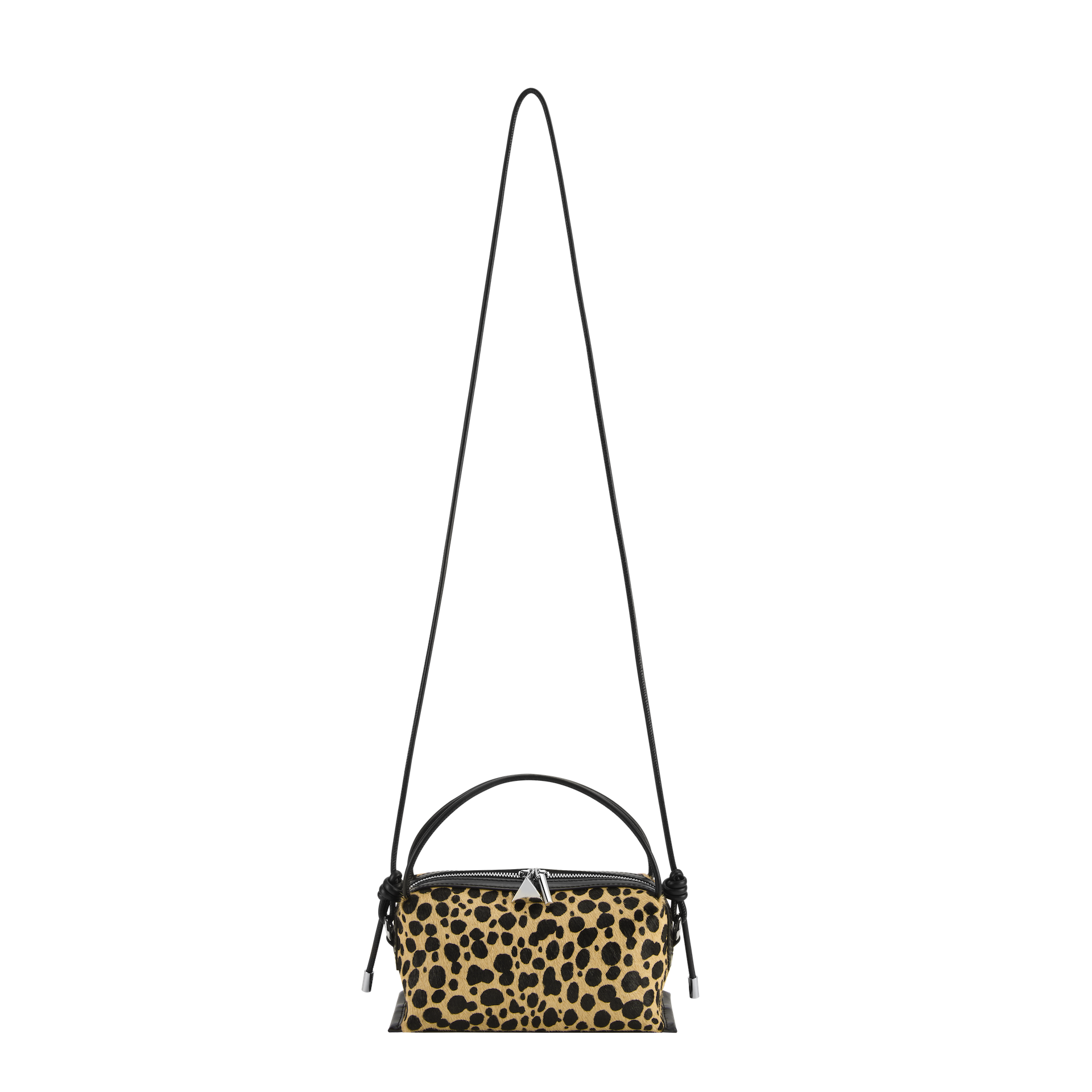 Leopard print Verafied New York Cheetah Calf Hair Café Mini Handbag with a black strap on a white background