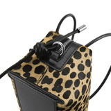 Leopard print Verafied New York Cheetah Calf Hair Café Mini Handbag with black accents on a white background