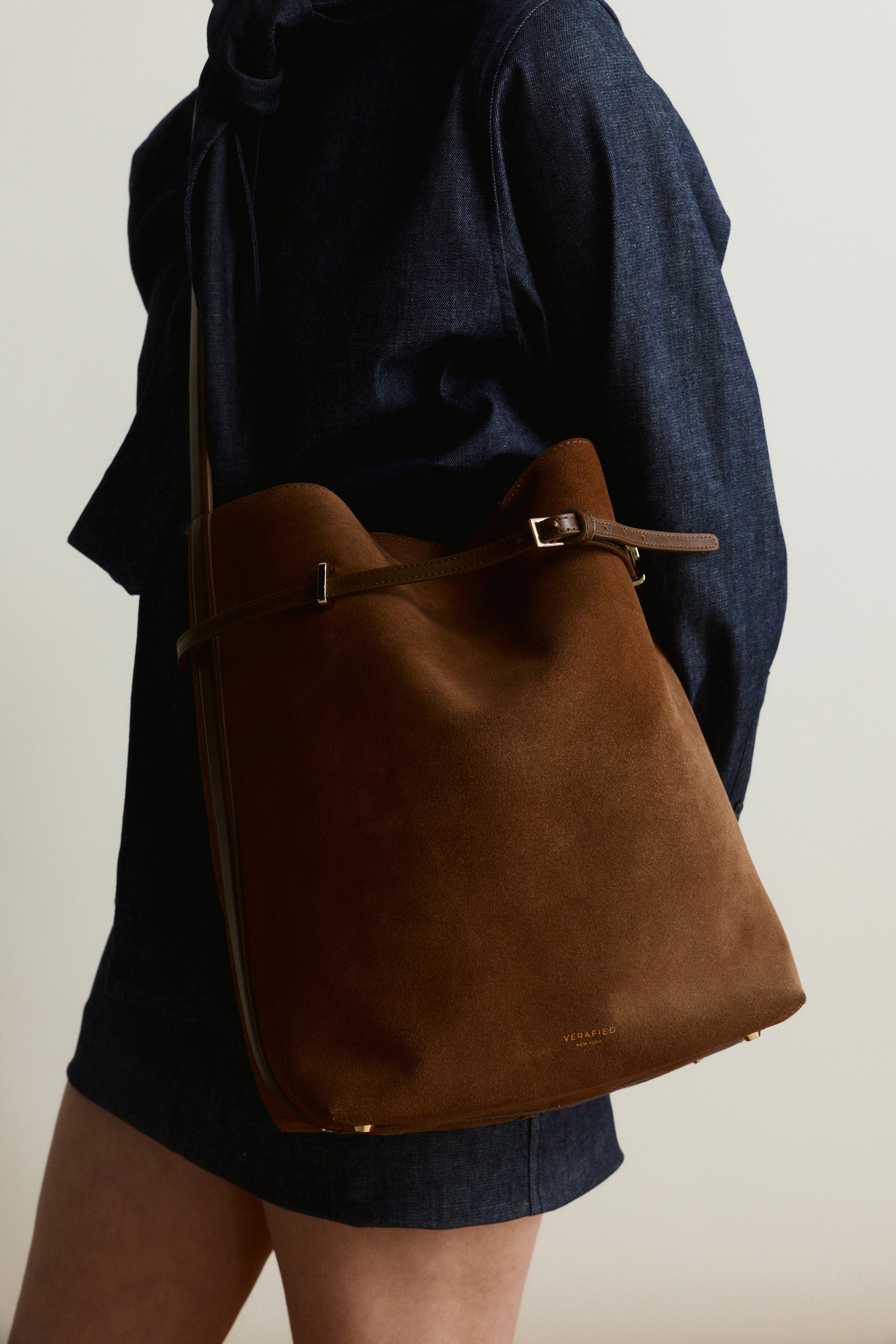 Toffee Suede Belted Tote Bag