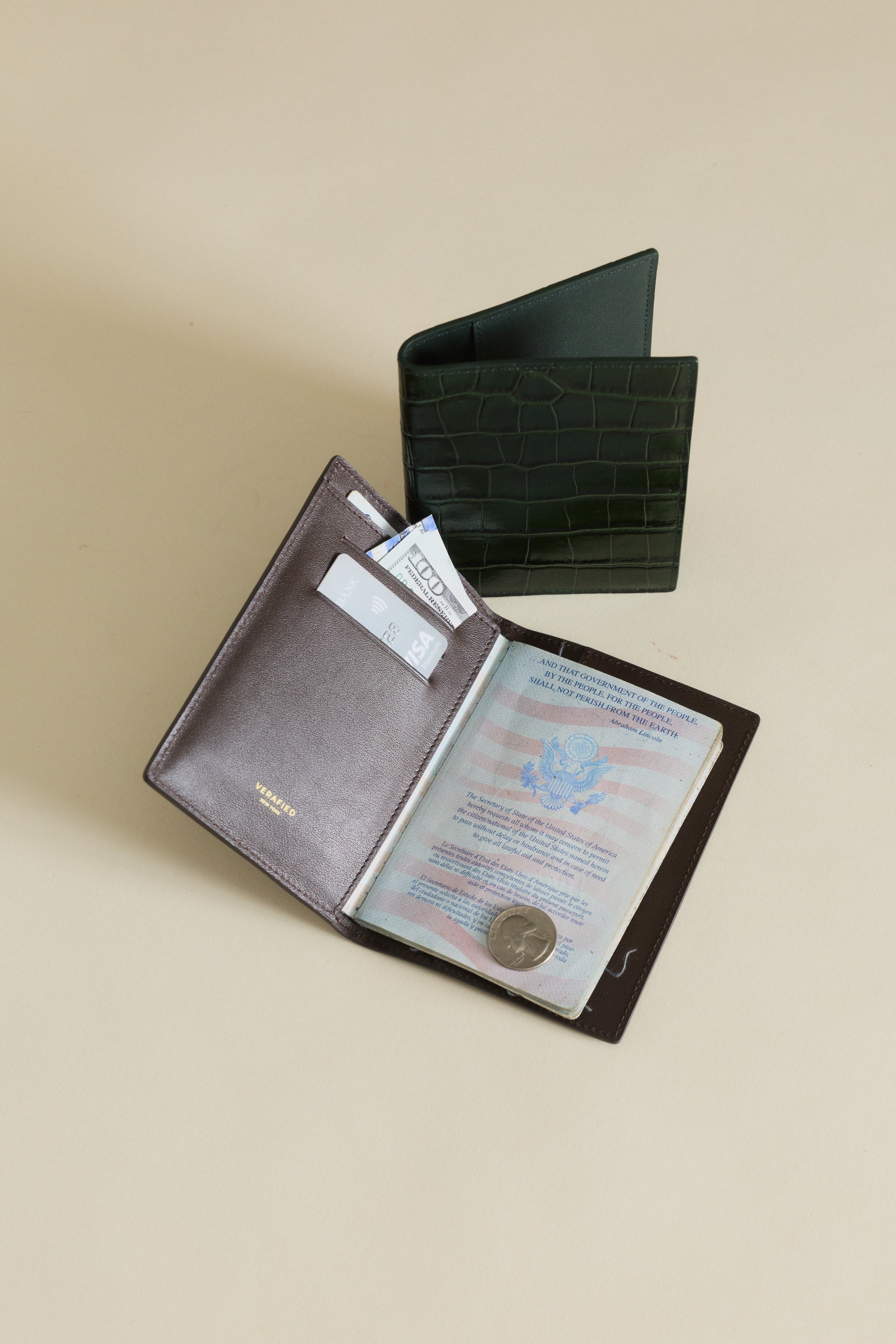 Mocha Croc Embossed Passport Cover Wallet with open cover displaying a passport and card on a beige background