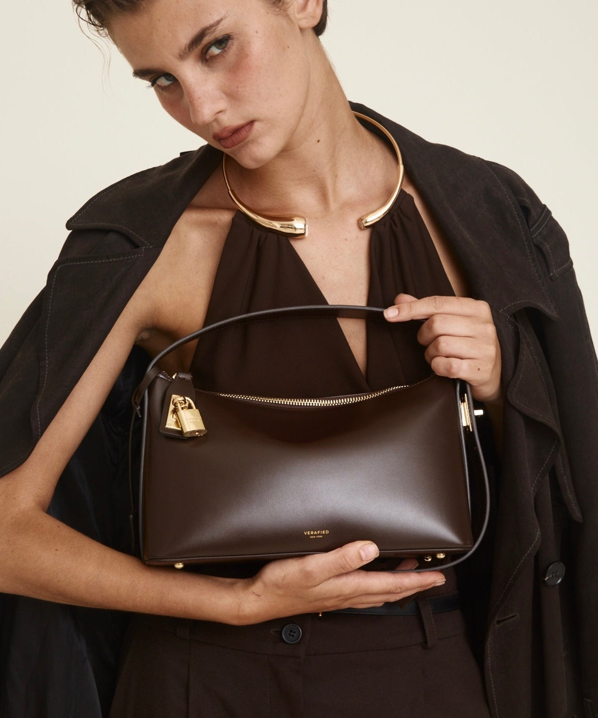 Gold Chocolate Hobo Shoulder Handbag with a Model