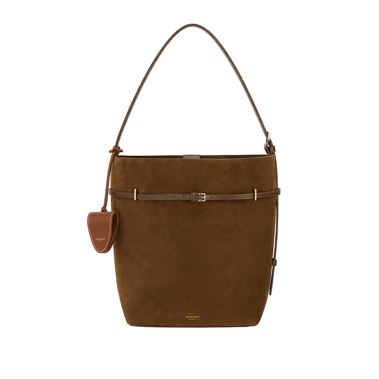 Toffee Suede Belted Tote Shoulder Bag - Verafied New York