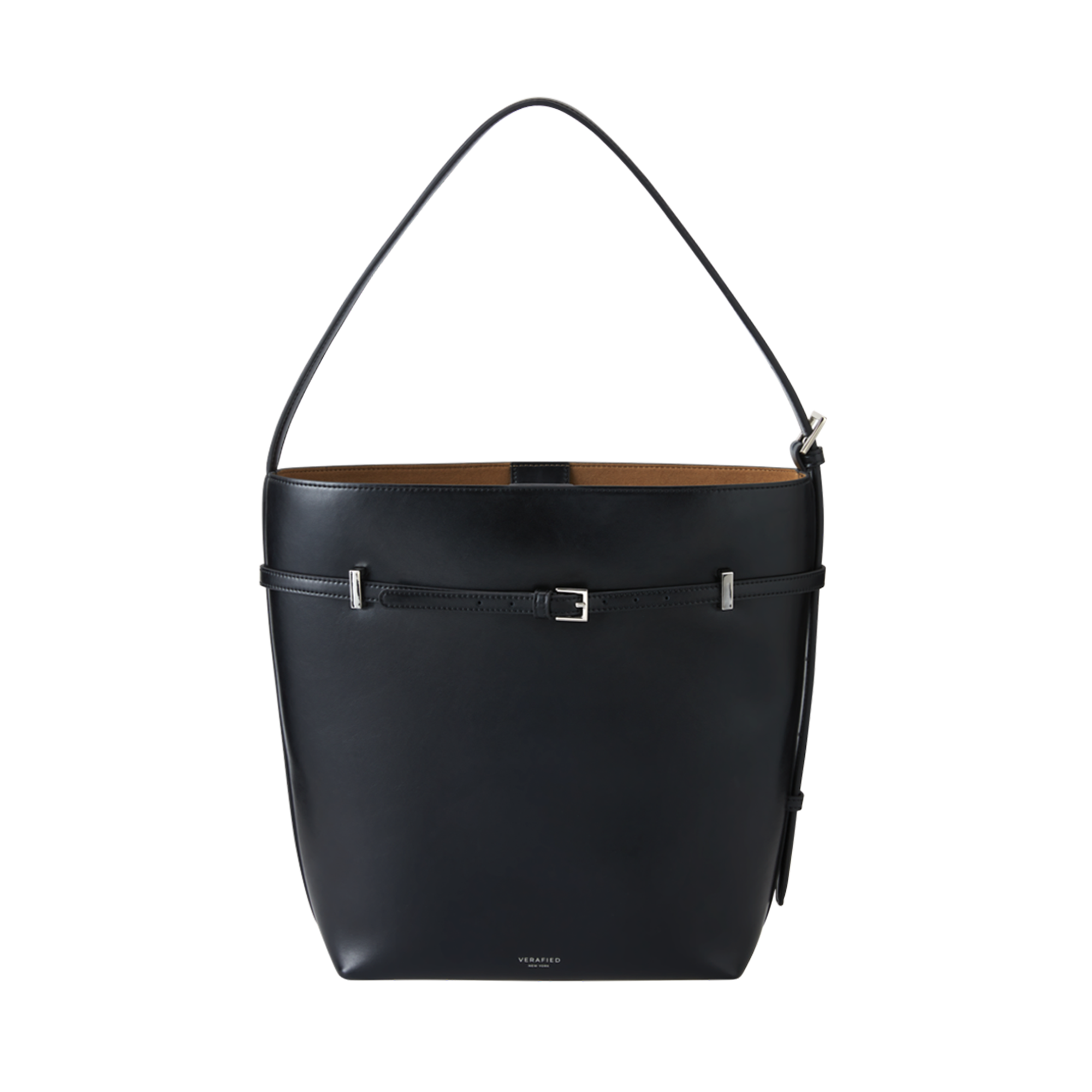 Black Belted Leather Tote Shoulder Bag front