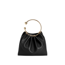 Mini Black Circle Ring Handle Bag  with a gold-plated ring handle, displayed against a plain background.